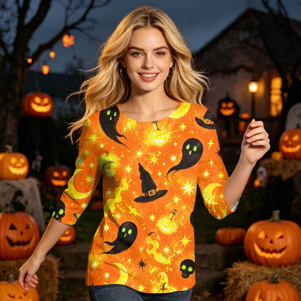 Womens Casual Halloween Print Round Neck Top Three Quarter Sleeve Lightweight Blouse for Seasonal Wear
