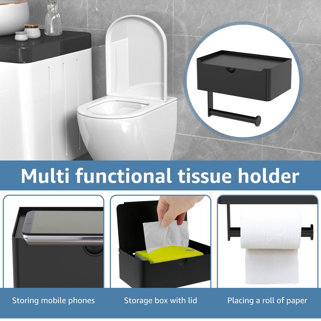 Stainless Steel Toilet Paper Holder Self-Adhesive Wall-Mount Bathroom Tissue Rack with Storage Box for Home Bathroom Accessories