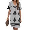 Women's Summer Vintage Print Dress Pleated Short Sleeve V-Neck Pocket Casual Dress