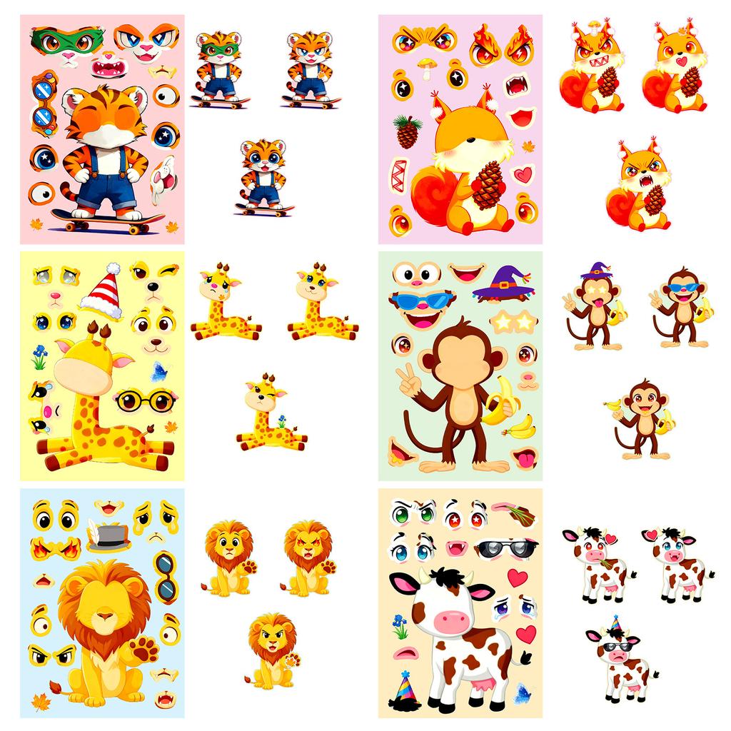 6 Sheets/Pack Big-Eyed Animal Cartoon Puzzle Face-Changing Sticker Squirrel Giraffe Fun Handmade Collage