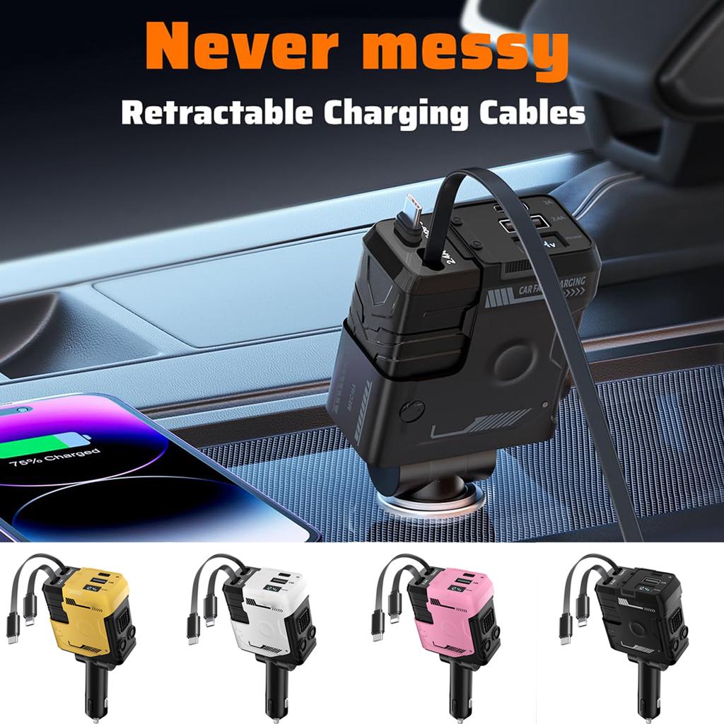 Retractable Car Charger With Retractable Cables, 4 In 1 Super Fast Car Phone Charger, 2 USB Ports Car Charger Adapter