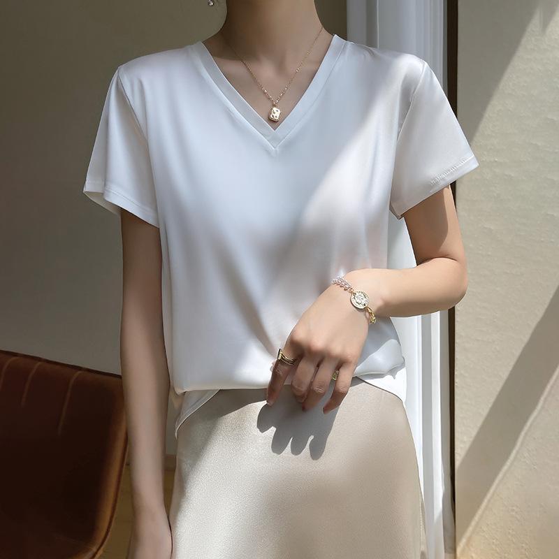 

V Ацетат С длинным рукавом С коротким рукавом С коротким рукавом С коротким рукавом T Летний стиль Стильный Свободный Внутренний Однотонный Сатиновый Топ Рубашка S белый