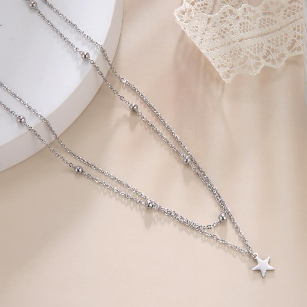 KKjoy Star Pendant Necklace for Women Silver Color Stainless Steel Beads Double Chain Collars Minimalist Jewelry Accessories New