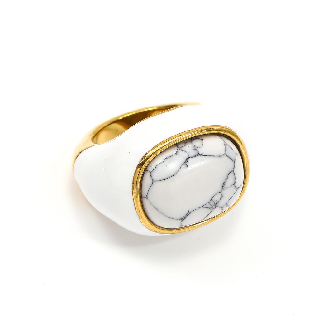Stainless Steel Chic Hypoallergenic Gold Enamel Natural Stone Oval Ring Set Women Daily Fashion Jewelry