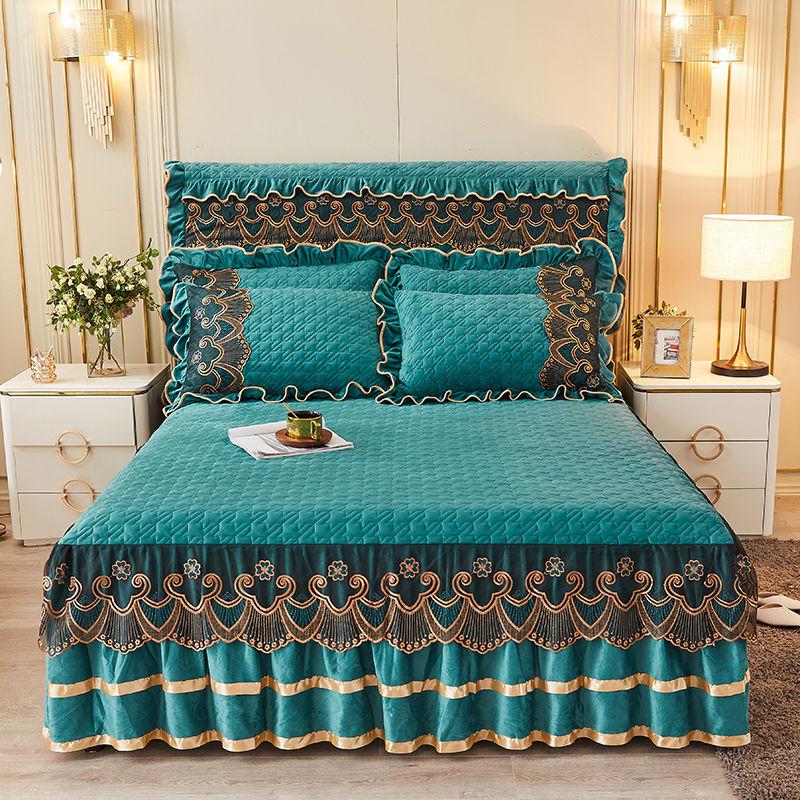 Quilted Bed Skirt Set with Heart Embroidery Lace Trim and Tie-Up High Drop  Includes 1 Bed Skirt and 2 Pillowcases
