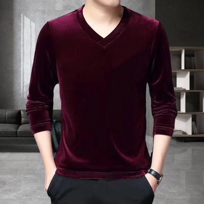 Męski Jesienno-Wiosenny Top Dekolt V Sweter Jednolity Kolor Długi Rękaw Aksamit Slim Fit Średniej Długości Miękki Ciepły Casual Męski Zimowy T-shirt