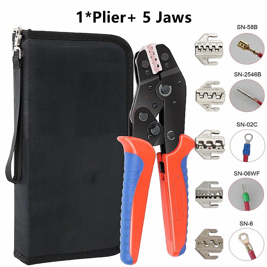 

Обжимные инструменты Наборы плоскогубцев со сменными губками SNX для зажимов с храповым механизмом для XH2.54/DuPont2.54/2,8/4,8/6,3/неизолированных/феррульных зажимов