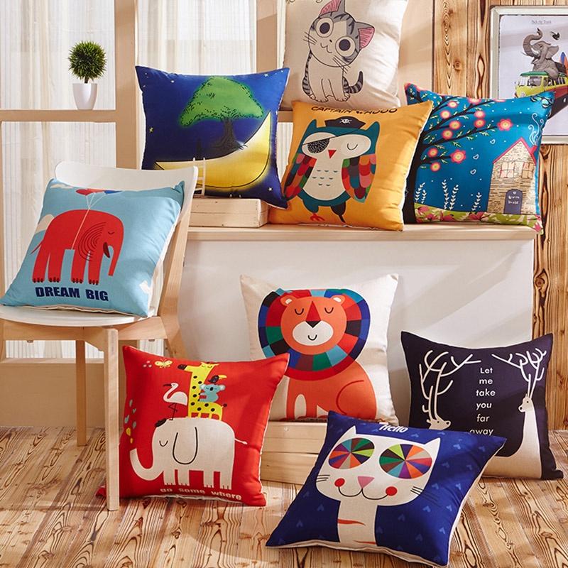 Stylish Square Cartoon Animal Cushion Covers With Lion Cat Deer Prints For Home Decor