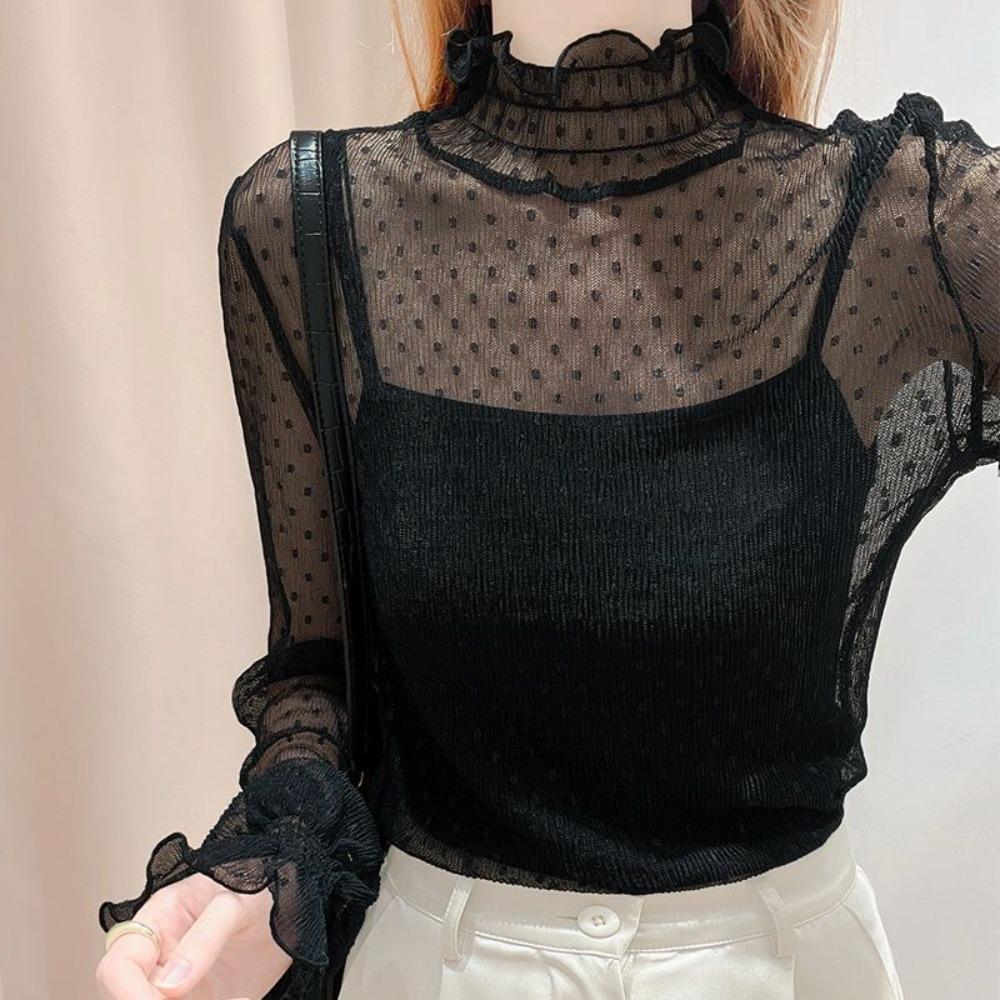 Women T-Shirt See Through Transparent Mesh Tops Long Sleeve Sheer Slim Ladies Turtleneck Silk Ruffled Edge T Shirt Lace Crop Top