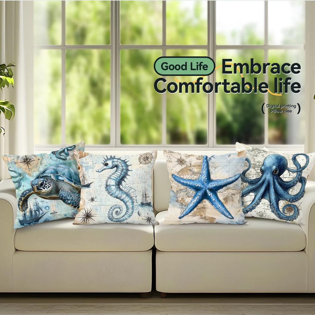 4Pcs Retro Marine Nautical Creature Print Single-Sided Cushion Cover For Living Room Bedroom Car Home Decor