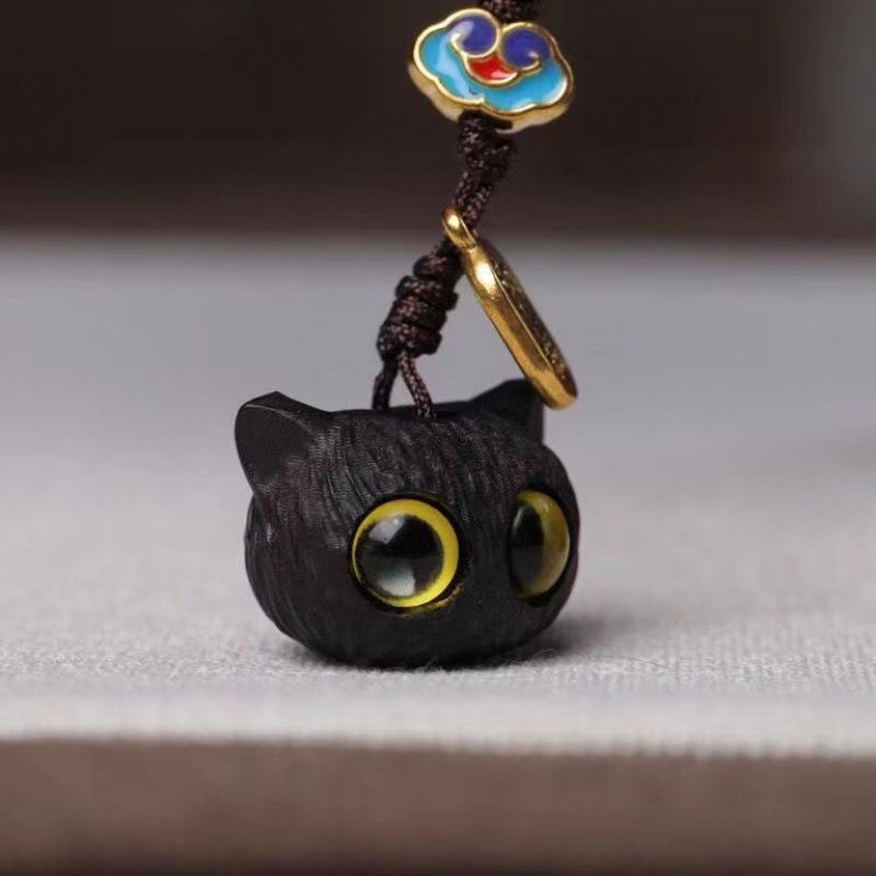 Ebony Wood Big-Eyed Cat Head Pendant Necklace Charm Keychain Accessory