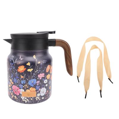 Insulated Teapot with Lid 1000ml Stainless Steel Portable Vacuum Hot Coffee Pot with Wood Grain