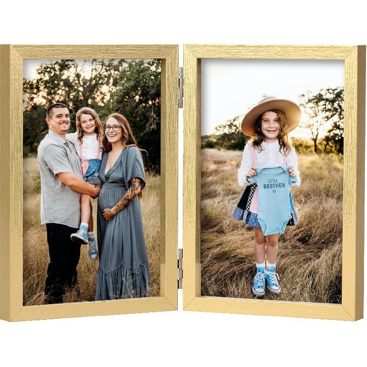 AVEAX Double 4x6 Picture Frame Hinged Folding Photo Frame with Plexiglass Front Vertical Frame on Desktop, White