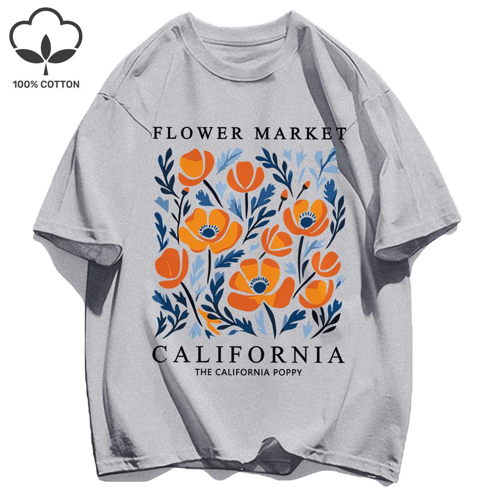 Yellow Flowers Market California Print T-Shirt Woman Soft Cotton Tee Top O-Neck Casual T Shirt Crewneck Sports Short Sleeve
