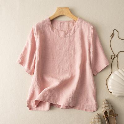 Plus Size Cotton Linen Short Sleeve T-Shirt Women's Retro Summer Loose Casual Shirt Crew Neck Tops