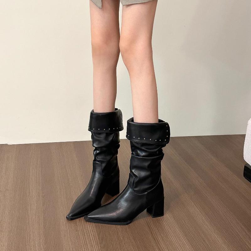 

Женские остроносые плиссированные ботильоны Модные ботильоны на квадратном каблуке Женские Осенние Новинки Модная Искусственная кожа Массивный каблук До колена 39 чёрный