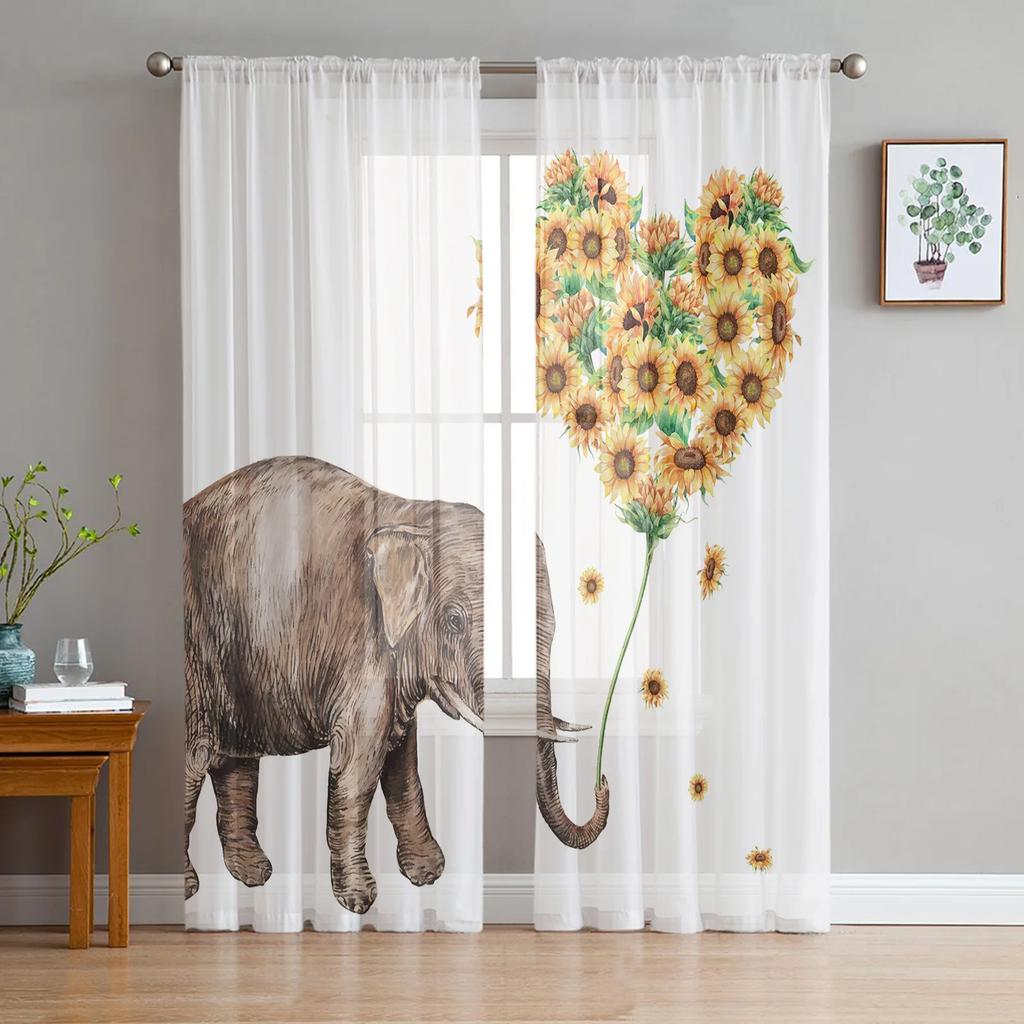 Elephant Big Stupid Bird Heart Gray Blue Curtains Living Room Bedroom Decoration Window Voiles Morning Tulle Curtain Sheer Polyester Sitting Decor
