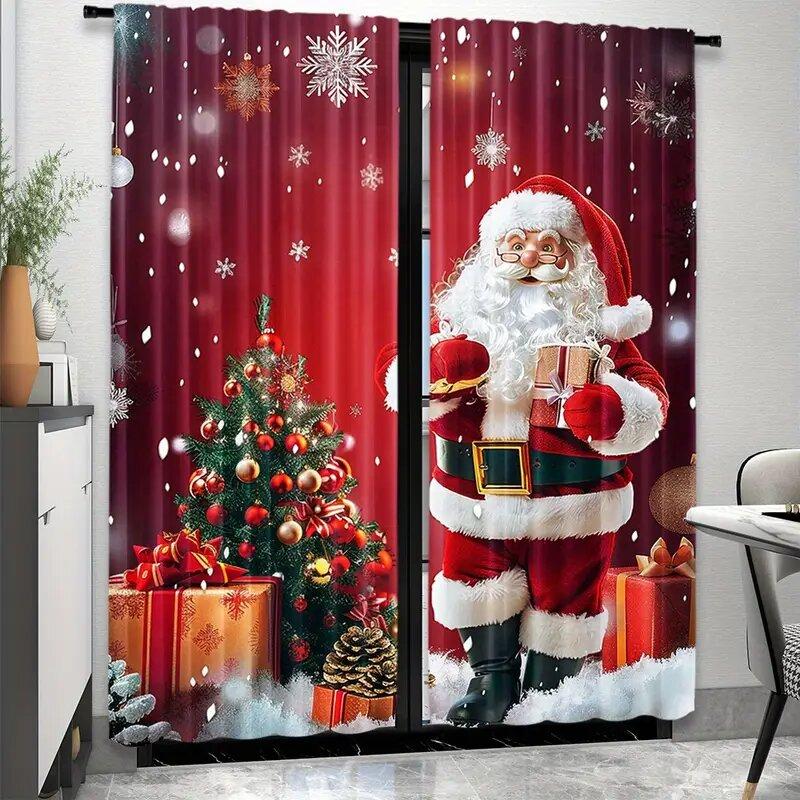 2 Pieces of Santa Claus and the Christmas Tree Printed Curtains   Pole Bag Curtains   Home Decoration   Room Decoration