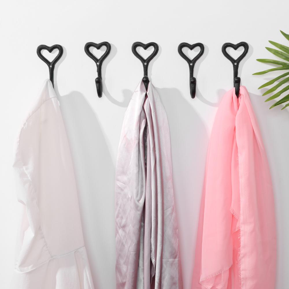 1/5PCS Black Wall Mounted Chic Coat Hooks Cast Iron Heart Shape Key Holder