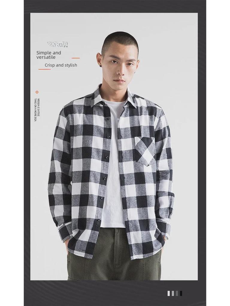 Męska modna koszula w kratę: Casualowa kurtka z długim rękawem, luźna, szczotkowana na wiosnę, lato i jesień
