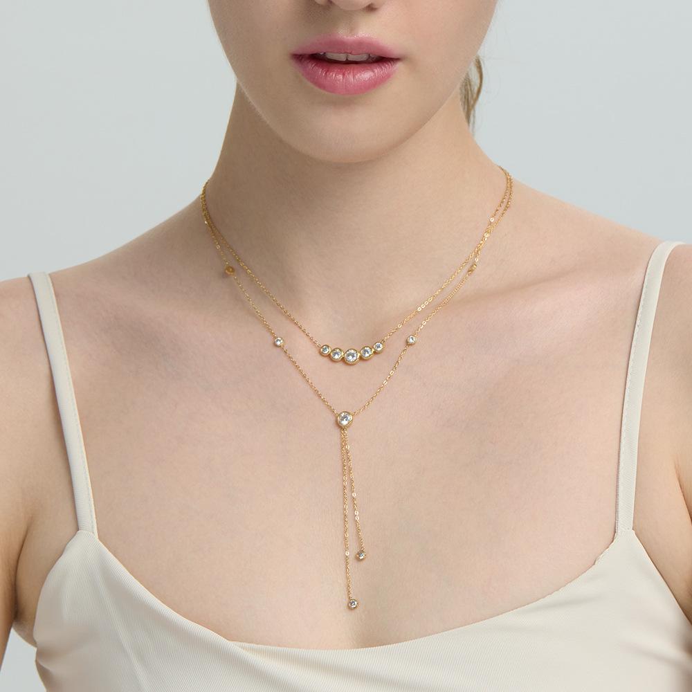 Ins Popular Light Luxury Zircon Long Fringed Necklace Stainless Steel Plated 18K Gold Chain High-end Accessories Women