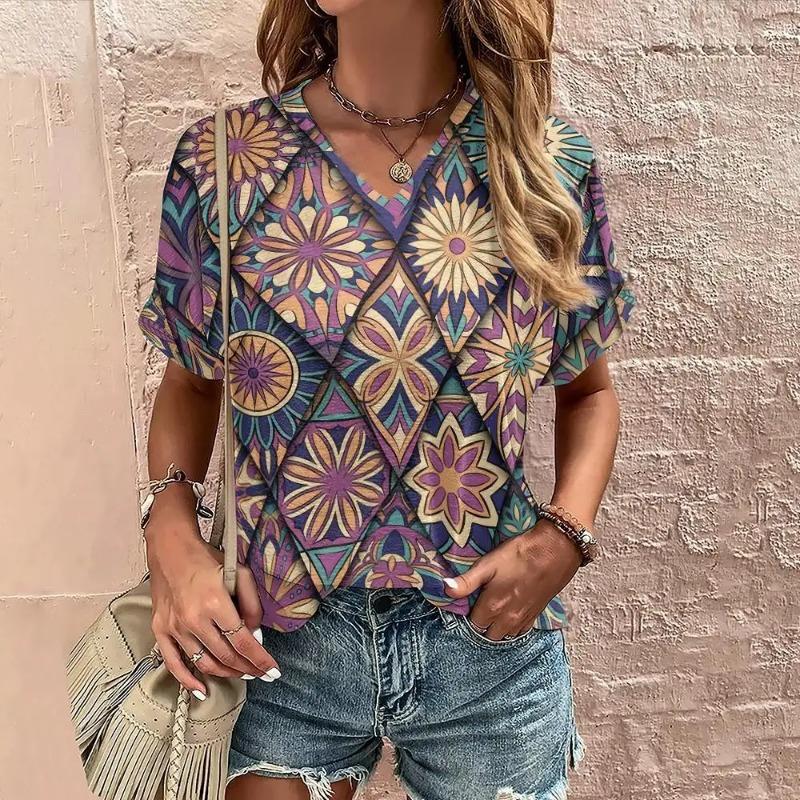 Tricou Boho Harajuku pentru damă, cu imprimeu grafic, cu mâneci scurte de vară, Topuri casual, la modă de stradă, tricou cu decolteu în V, îmbrăcăminte pentru femei, tricouri pentru femei