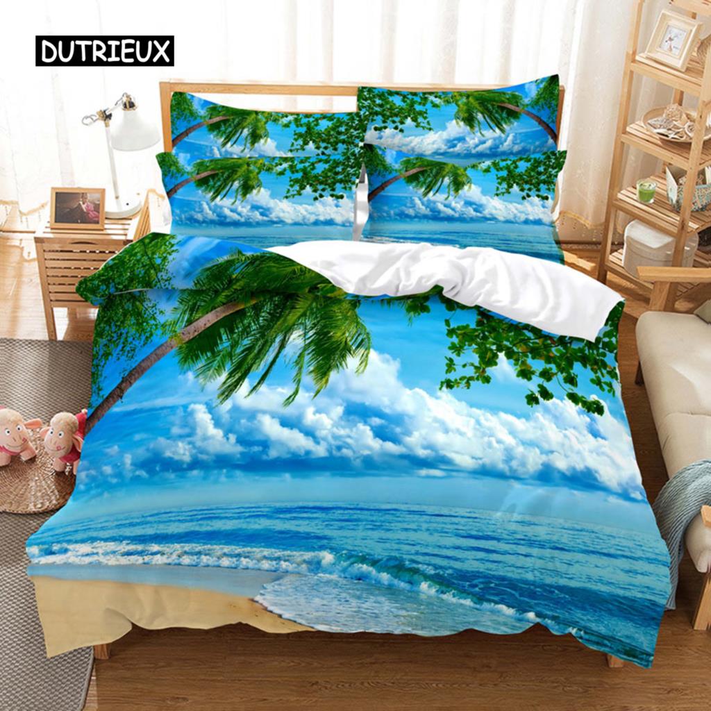 Beach Coconut Tree Duvet Cover Natural Scenery Bedroom Decoration Quilt Cover Seaside Coconut Tree Hawaii Style Women Children