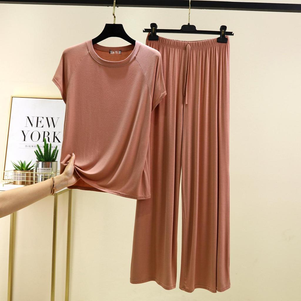 Damen Sommer Freizeit Modal Pyjama Set - Kurzarm T-Shirt & Hose, Übergröße, Bequeme zweiteilige Homewear