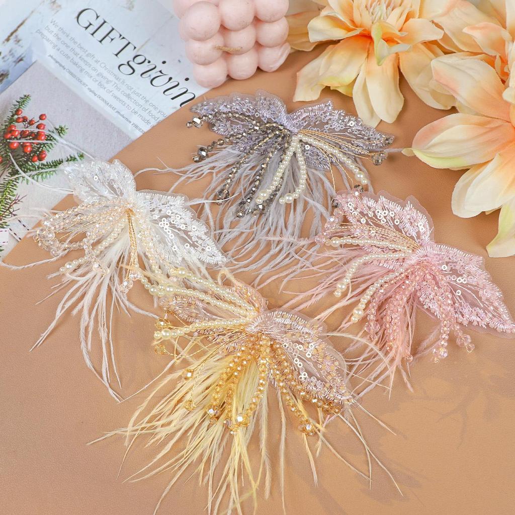 White Lace Feather Pearl Crystal Floral Wire Headwear & Brooch Accessories for Shoes and Hats