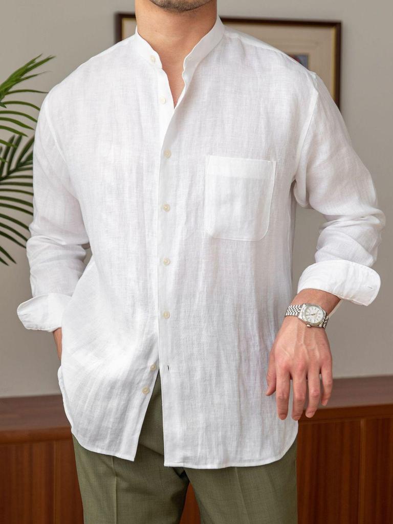 Men's Long-Sleeve Linen Henley Shirt - Casual, Breathable, Versatile for Commuting or Vacation