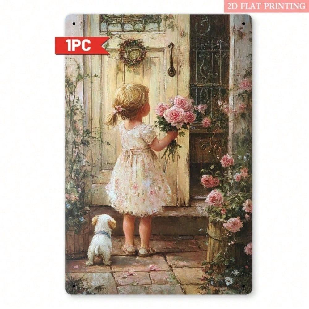 1pc Vintage 2D Iron Metal Wall Art Girl With Flowers 8x12 Inch Decorative Sign for Bedroom Garden
