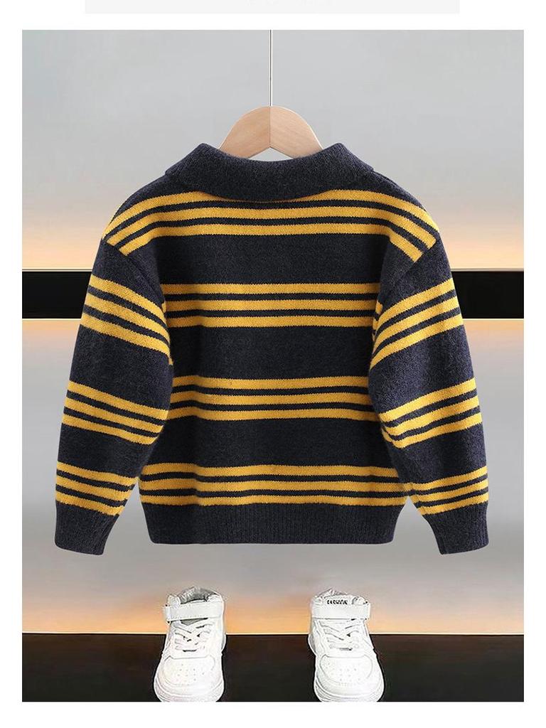 Klučičí podzimní 2025 korejský pruhovaný pletený svetr s límečkem - Měkký a ležérní s dlouhým rukávem pro malé až střední děti
