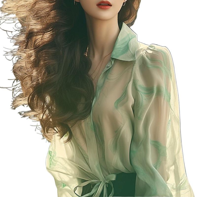 Sommer Neues Grünes Drehendes Blumenhemd Ausländischer Stil Schickes Oberteil