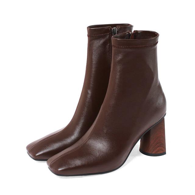 

Эластичные ботинки, ботильоны, женские ботинки из эластичной ткани, женская обувь на круглом каблуке с квадратным носком, эластичные ботинки Zapatos De Mujer 34 коричневый