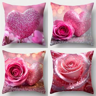 Taie d'oreiller florale avec cœurs scintillants et roses rosesHousse de coussin décorative pour chambre à coucher ou canapéAvec fermeture éclairHousse de coussin douce