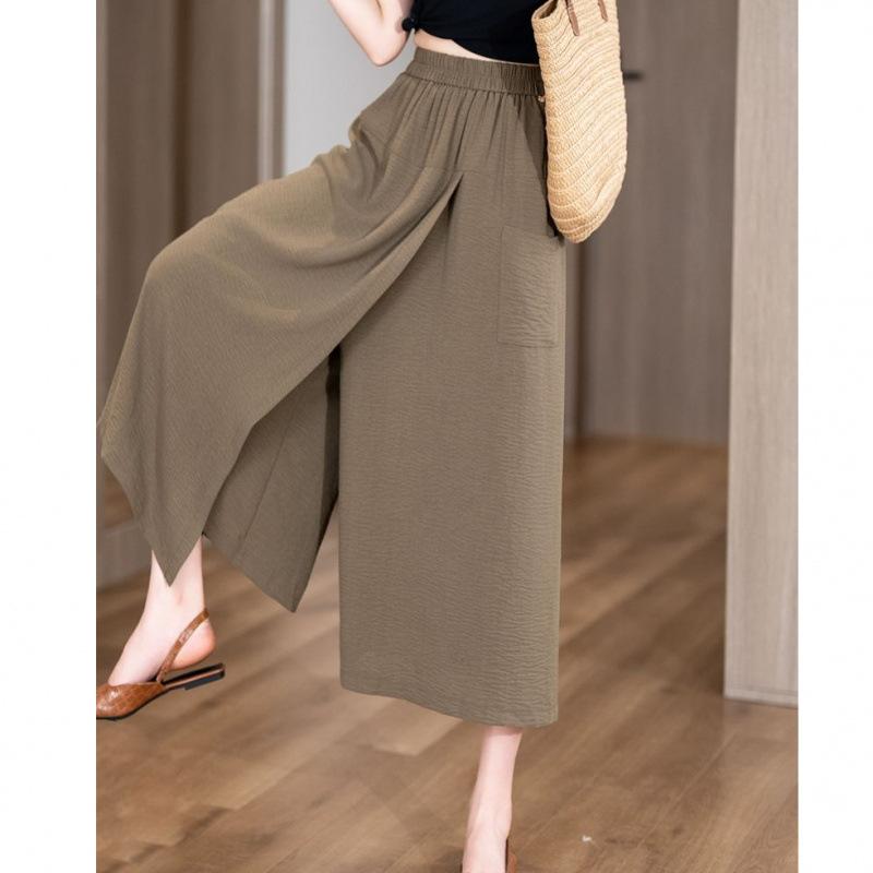 2026 summer thin loose high waist split lazy style casual culottes hip thigh thick and thin eight-point wide-leg pants