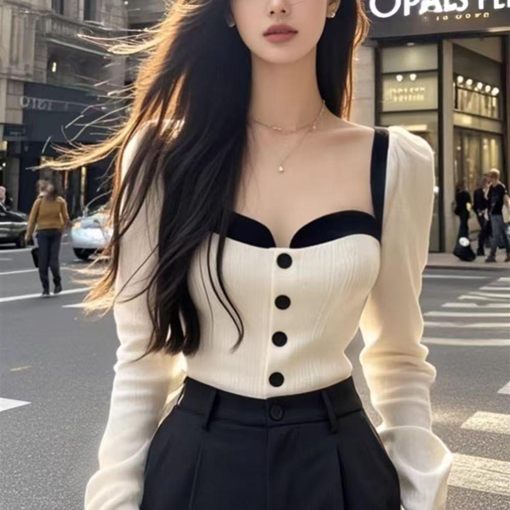

Elegant Color Block Square Neck Long Sleeve Top - 2025 Autumn Collection for Women Large абрикосовий