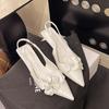 Fashion 2025Sexy Flower Pointed Toe Thin Low Heels Women Pumps Elegant Wedding Slingback Shoes Mules Zapatos De Mujer