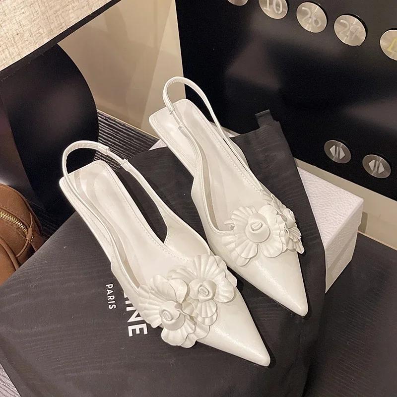 Fashion 2025Sexy Flower Pointed Toe Thin Low Heels Women Pumps Elegant Wedding Slingback Shoes Mules Zapatos De Mujer