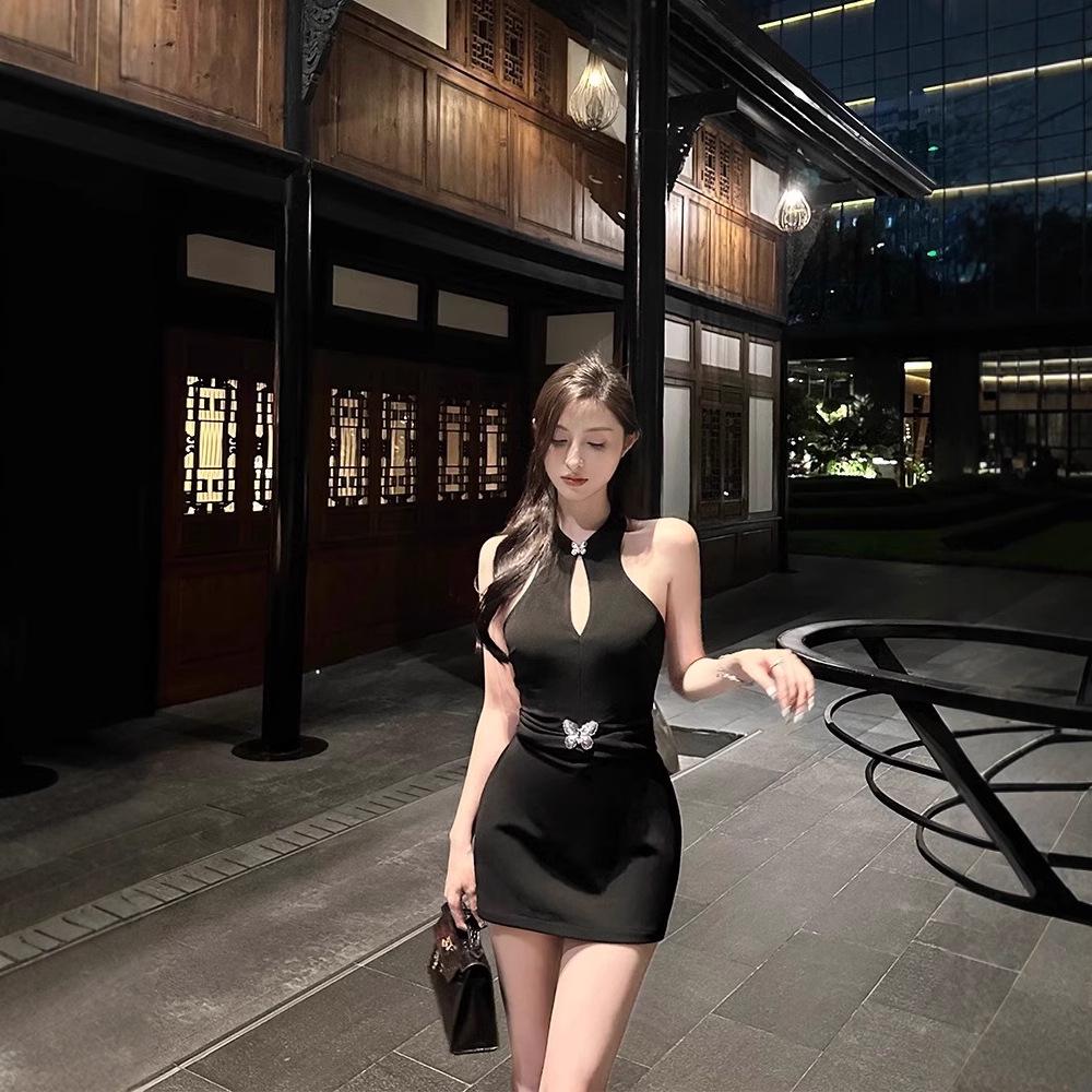 Elegant Black Backless Halter Qipao Dress - Sexy Spring Bodycon