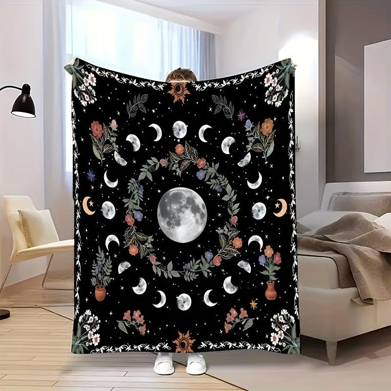 Bohemian Blumen Mond Galaxie Flanell Überwurfdecke - Weich, Warm und Gemütlich, Perfekt für Wohnkultur/Nickerchen/Reisen/Camping Geschenk