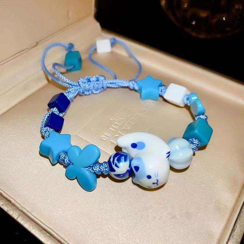 Brățări noi drăguțe cu pisici și stele albastre cu dopamină pentru femei, brățară amuzantă de desene animate cu frânghie împletită, cadou proaspăt pentru prietenă