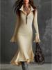 2025 Autumn European & American Elegant Zipper Lapel Bell Sleeve Knit Fishtail Skirt