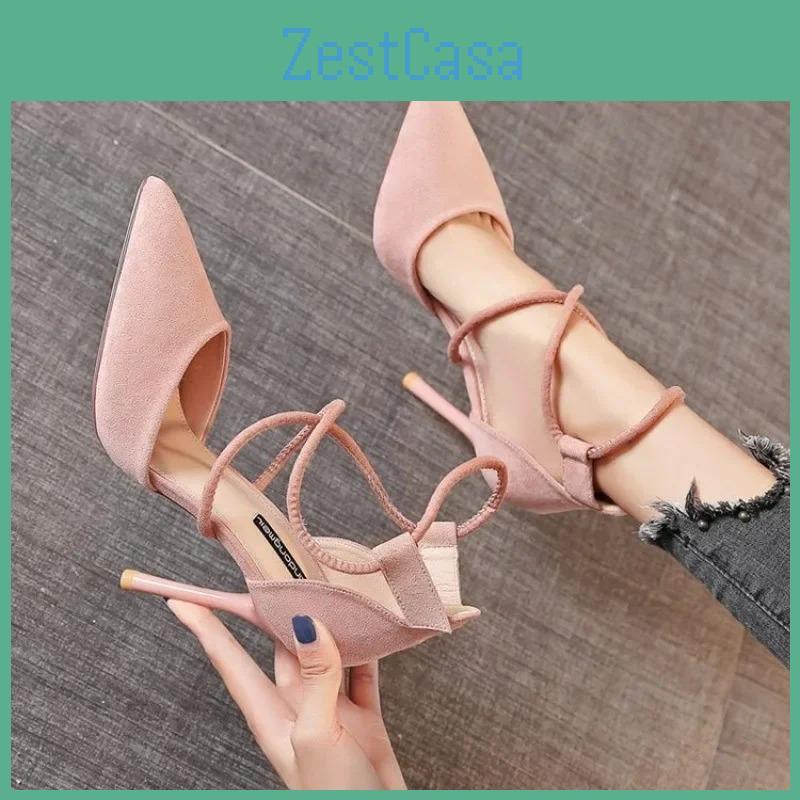 Crossstrap Roman New 2024 Sandals Suede High Heels Womens Shoes Oneline Buckle Fine Heel Pointed Sandals