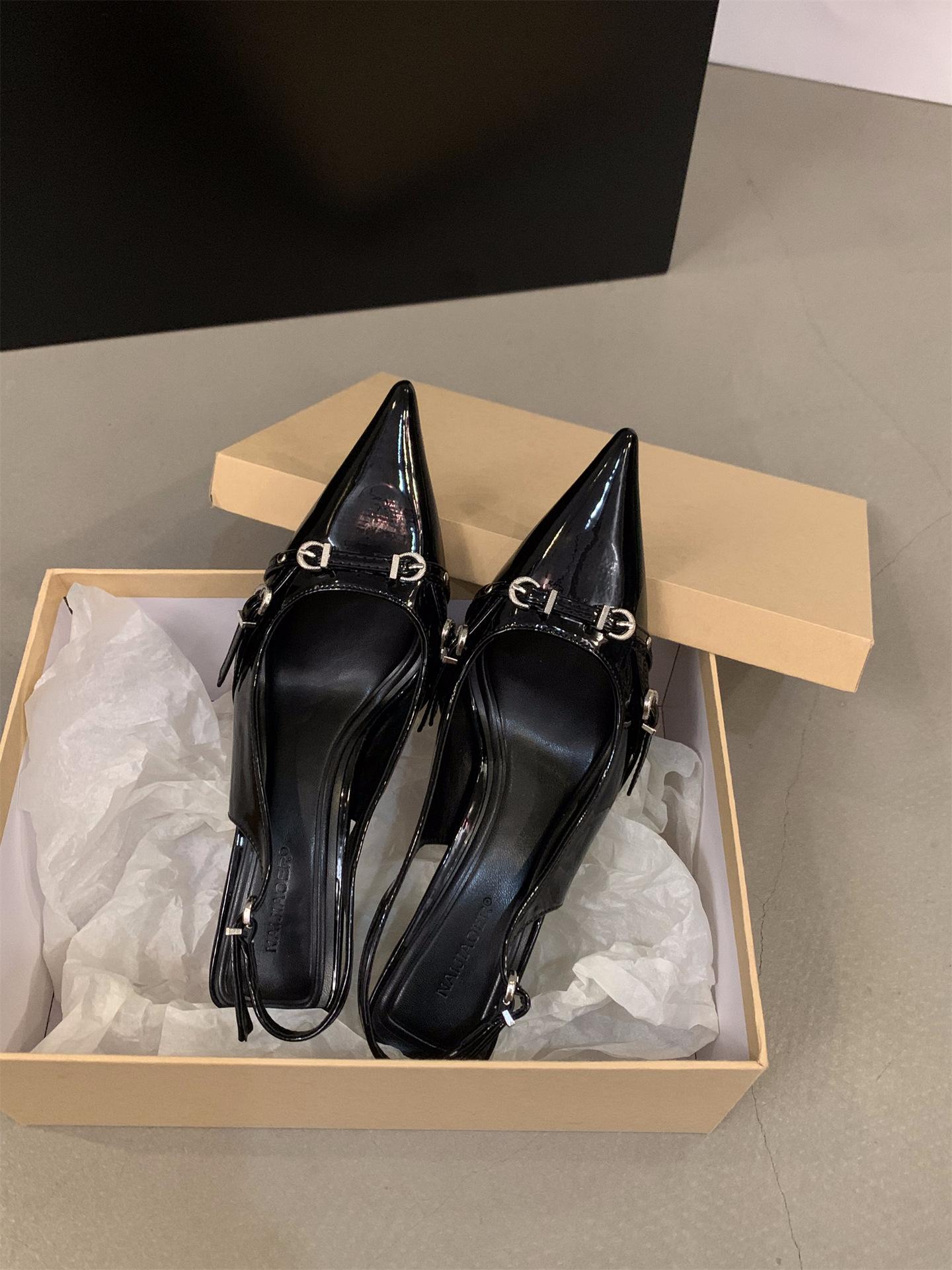 

French stiletto black bag head sandals fairy shoes 2025 new spring and summer silver single shoes pointed high heels 35