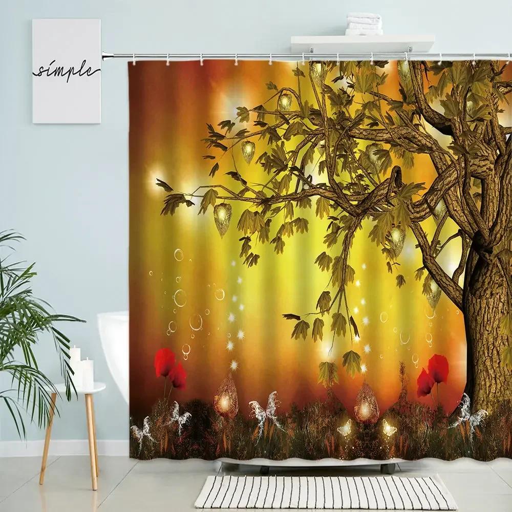 Cartoon Fantasy Forest Scenery Shower Curtain Fairy Tale Mushroom Plant Flower Child Bathroom Decor With Hook Waterproof Screen