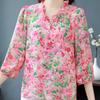 Sommer Neue V-ausschnitt Kragen Holz Ohr Rand Bodenbildung Shirt 3/4 Hülse Chiffon Bluse frauen Mode Alter Reduzierung Top M-4XL