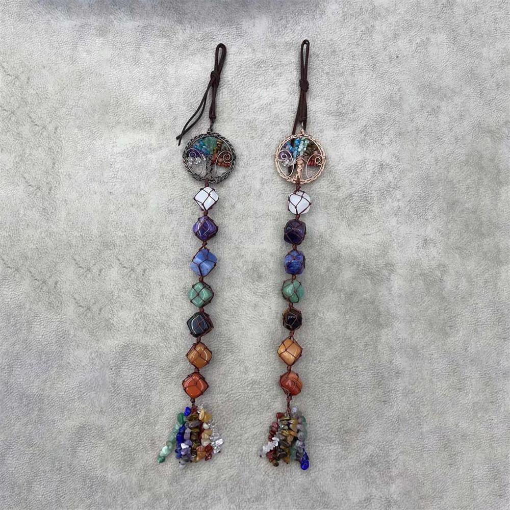 Hand Woven Healing Natural Stone 7 Chakra Energy Car Rearview Mirror Decor Ornament Gems Chip Tassel Tree of Life Car Hanging