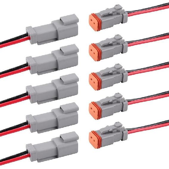 Deutsch DT 2 Pin Connector 5 Sets - 2 Way DT Automotive Waterproof Male Female Plug Wiring Harness For Car, Truck, Boats, LED Work Light, 16 AWG. (5
