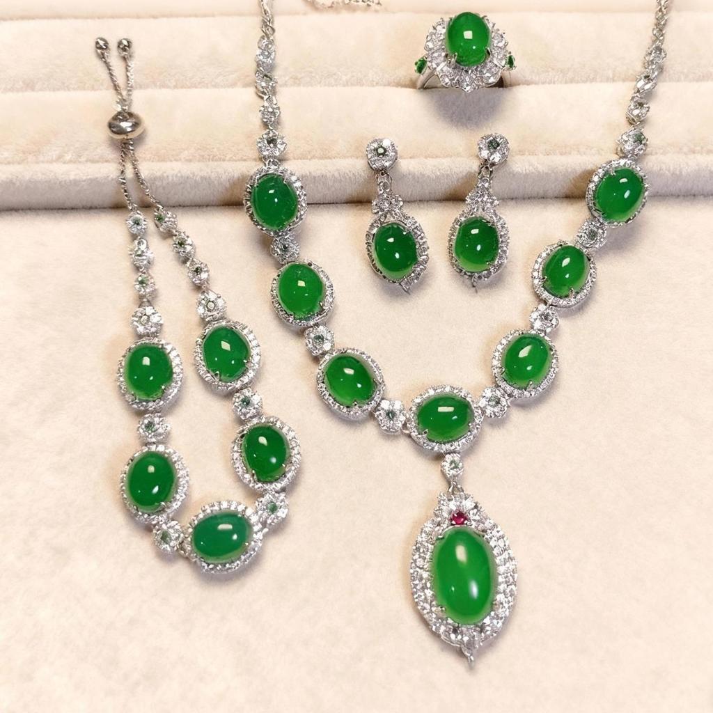 Meiji Green Chalcedony Luxury Jewelry Set: Necklace, Earrings, Ring, Bracelet